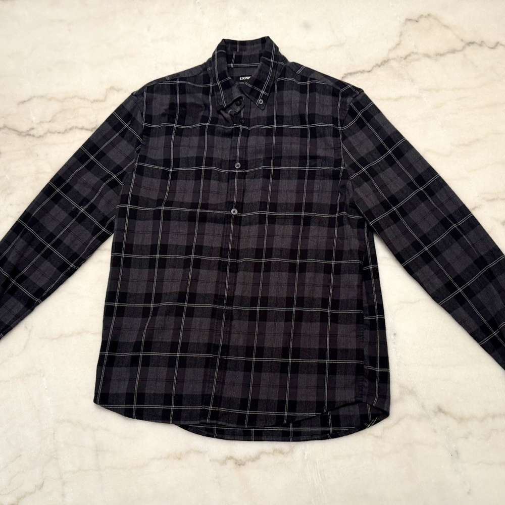 Express Button Down Plaid Shirt, Men’s Small, Black, Plaid